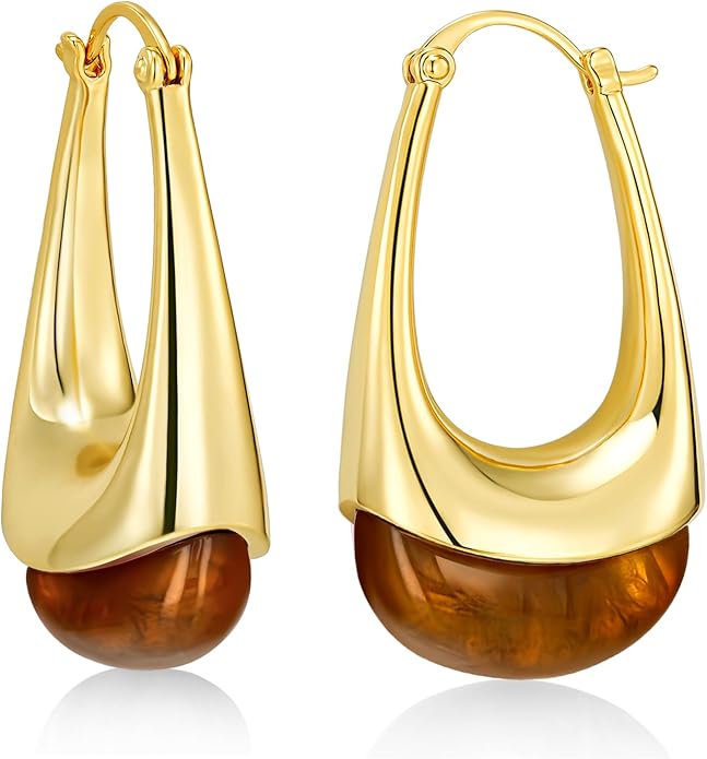 Long Oval Chunky Dangle 18K gold plated Hoops with Colored Resin Gemstone Statement Earrings for Women by SNGIA, (Green, Brown, Blue, Pink, White, Cream), Bold Drop Handmade Exaggerated Irregular Trendy Bohemian Jewelry Gifts, Unique Dangling Teardrop ...