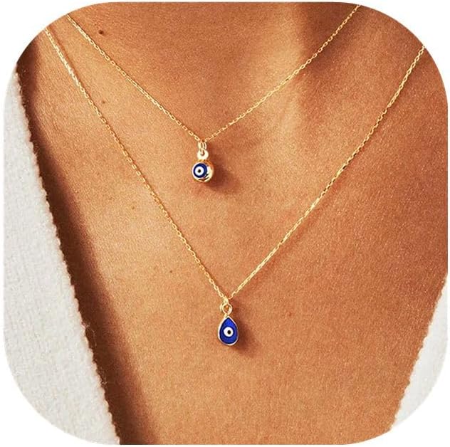 Evil Eye Necklace for Women 14K Gold Plated Delicate Necklaces Blue White CZ Diamond Pendant Necklace Cute Boho Tiny Evil Eye Lucky Protection Jewelry Gift for Women