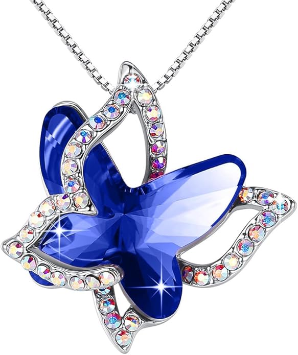 Valentine's Day Gift Butterfly Birthstone Crystal Necklace, Silver Tone with 18”+2” Chain, Necklace for Mother’s Day Anniversary Birthday Gifts for Women and Daughter