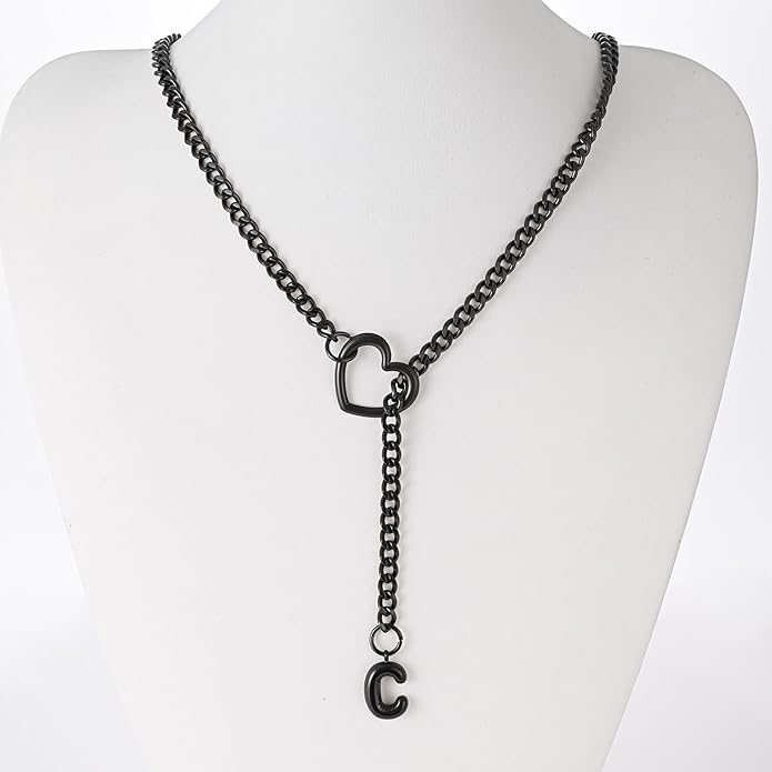 Black Heart Slip Chain Initial Necklaces for Women,Stainless Steel O-Ring Adjustable Lariat Heart Y-Necklace,Punk Gothic Cuban Collar Choker Necklace for women