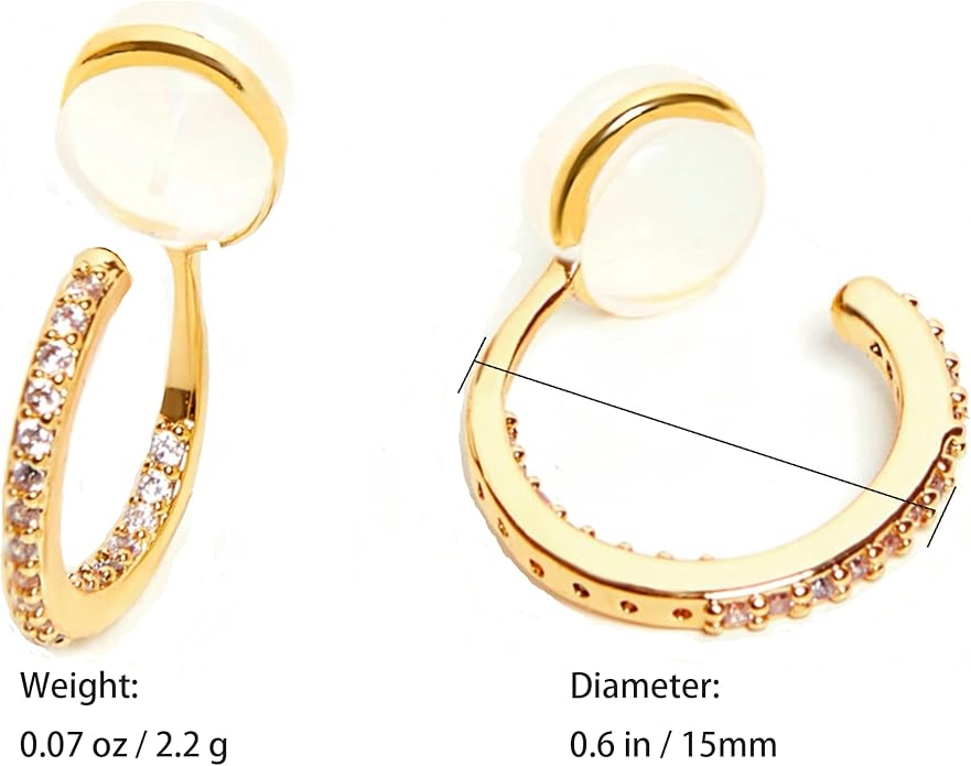 Clip on Hoop Earrings for Women, 14K Real Gold Plated Non Pierced Small Hoop Cubic Zirconia, Fake Piercing Mini Beaded Hoop Earrings Set 2 Pairs