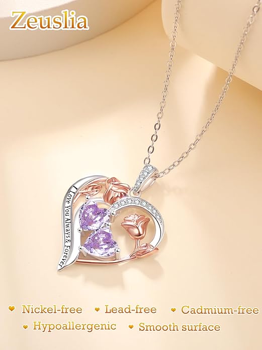 Valentine's Day Gifts for Wife 925 Sterling Silver Double Birthstone Pendant Necklaces I Love You for Always and Forever Necklace Anniversary Birthday Gifts for Wife Girlfriend Mom Her