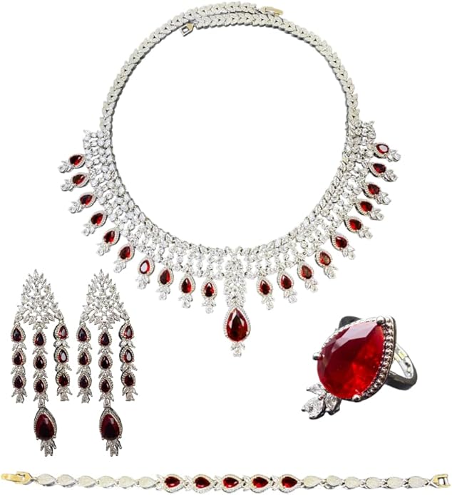 Rhinestone Wedding Bridal Jewelry Set Women's Prom-Style Necklace, Earrings, Bracelet, Ring Bridesmaid Gift Pairs with Evening Gown