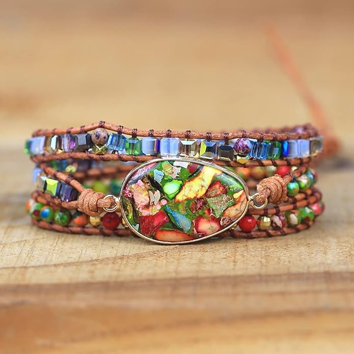 ZOSOJONA Women Wrap Bracelet Boho Natural Jasper Crystal Stone Beads Strand Bracelets