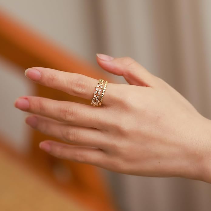 18K Gold Plated Cubiz Zirconia Wedding Engagement Wide Adjustable Band Ring for Women