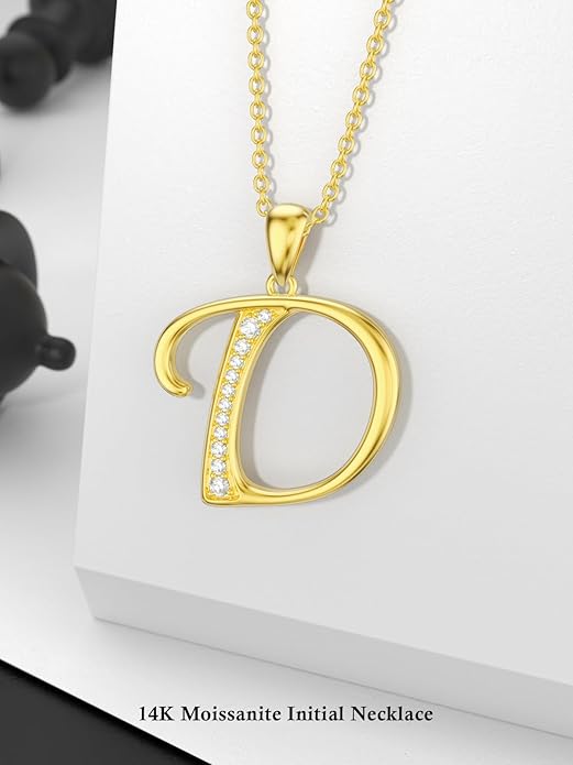 14k Gold Initial Necklace for Women, Solid Gold Moissanite Letter Pendant Necklaces Jewelry for Her Birthday Valentines Day Gifts for Mom Wife Christmas Gifts for Girlfriend Sister
