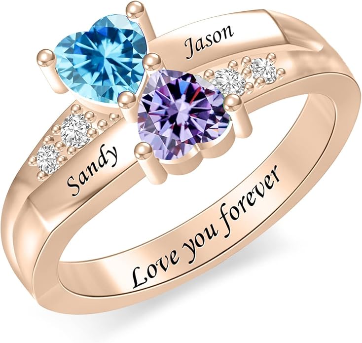 Personalized Heart Birthstone Rings for Women with 2 Birthstones Custom Name Rings for Couple Mother Daughter Jewelry Gift for Mother Her Christmas