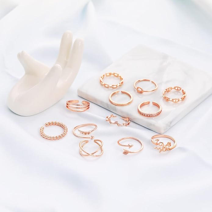 Honsny 12PCS Silver Plated Rings Adjustable Open Rings for Women Cute Gold Plated Stackable Thumb Rings Joint Chain Midi FingerArrow Knot Wave Band Rings Set