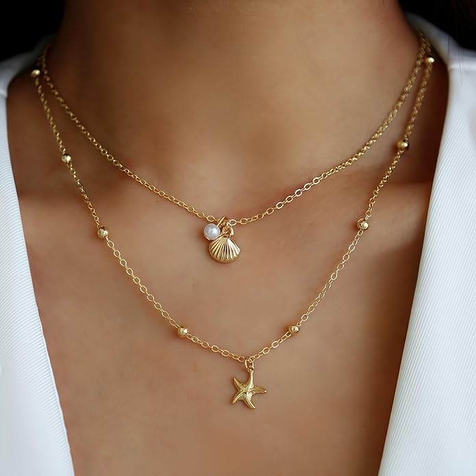 Shell Starfish Necklace for Women, 14k Gold Plated Boho Layered Beaded Charm Pendant Necklace, Dainty Adjustable Pearl Conch Summer Beach Vacation Jewelry Gifts