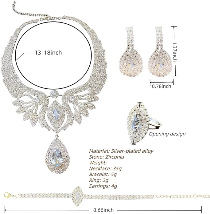 Women's Four-Piece Jewelry Set Rhinestone Silver-Plated Wedding Party Necklace, Earrings, Ring, and Bracelet Set Perfect for Daily Wear, Weddings, Parties, or Gifts