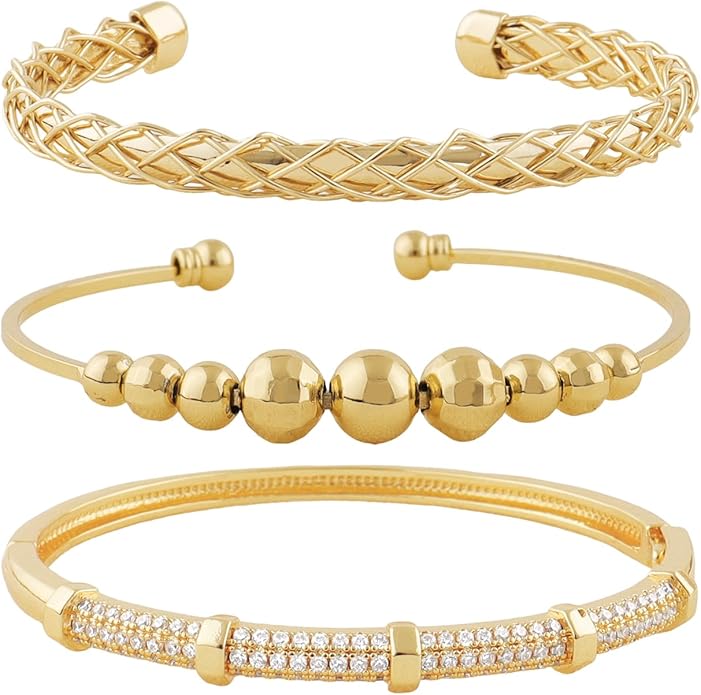 Gold Bracelets for Women, Gold Plated Chunky Cuff Matching Bracelets for Women Stack Adjustable Jewelry Sets for Gifts