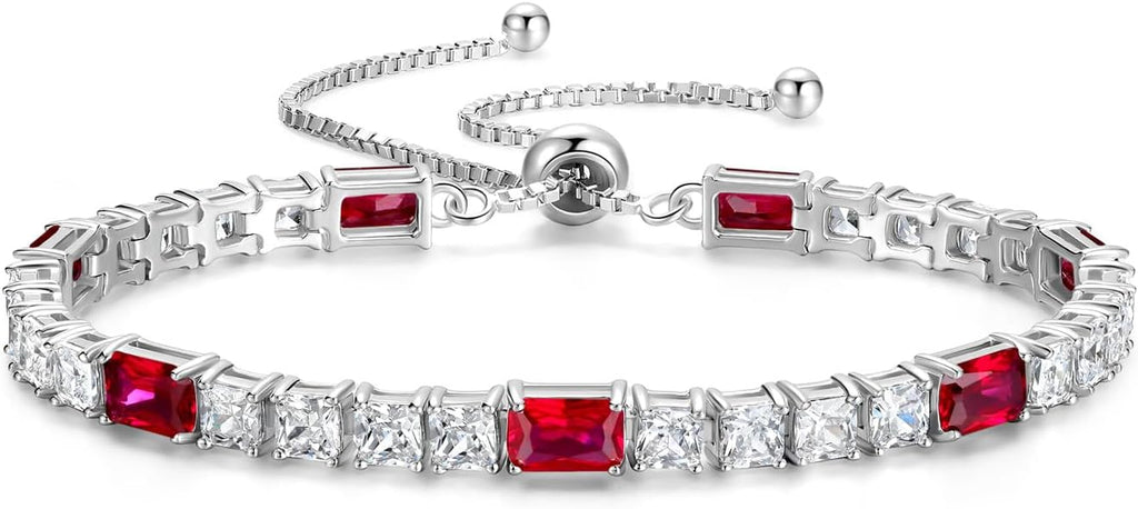 FANCIME Birthstone Bracelet for Women, Sterling Silver 4x6mm Gemstone Tennis Bracelet Bolo Adjustable Chain Fine Jewelry Birthday Gifts for Women Mom Wife Her