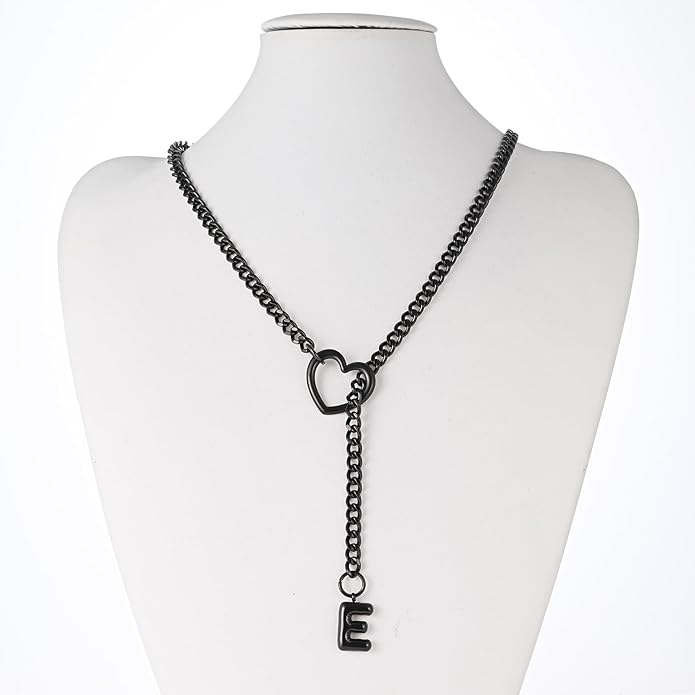 Black Heart Slip Chain Initial Necklaces for Women,Stainless Steel O-Ring Adjustable Lariat Heart Y-Necklace,Punk Gothic Cuban Collar Choker Necklace for women