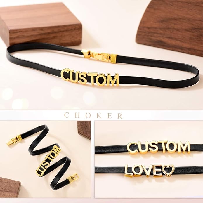 Custom4U Personalized Black Leather Choker Necklace with Picture/Name/Initials/Letters Charm,Custom Made Adjustable Choker Collar Gothic Punk Necklaces Jewelry Gifts for Women