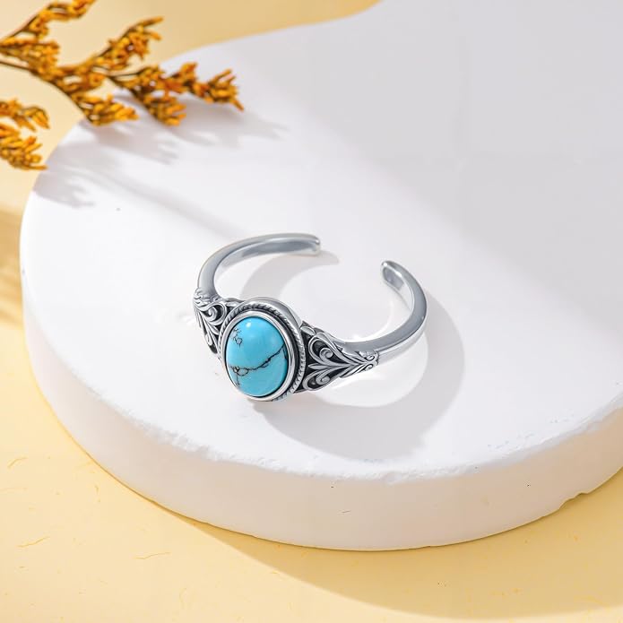 925 Sterling Silver Turquoise Adjustable Ring for Women, Vintage Bohemian Style Ring Jewelry Gifts for Mom Wife