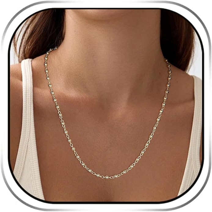 HZMAN 18K Gold Plated Brass Metal Bead Necklace - 60cm Hypoallergenic Lightweight Charming Jewelry Gift for Women