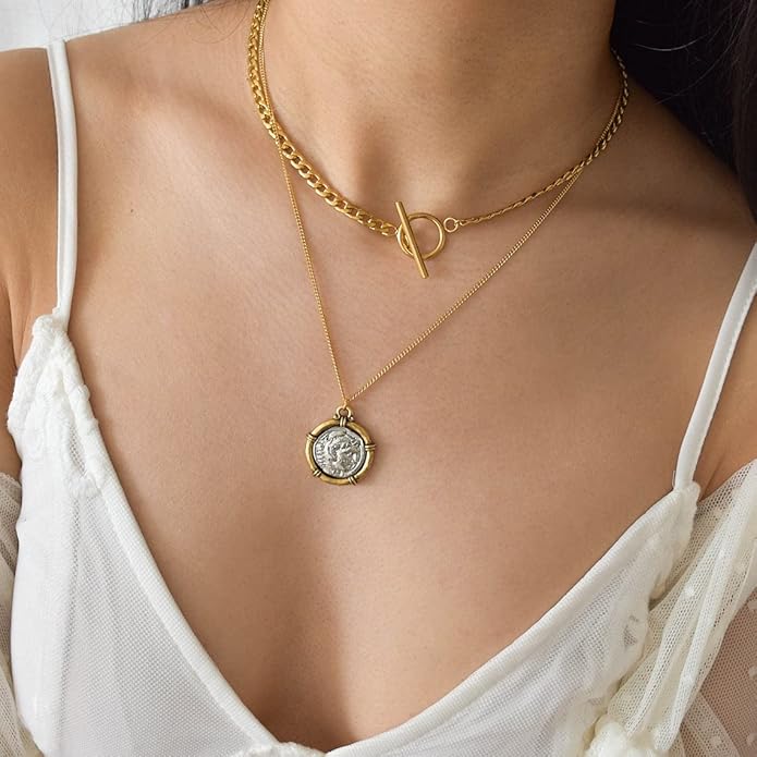 CHESKY Layered Necklaces for Women, 14K Gold Plated Chain Necklace Women Trendy Cuban Link Paperclip Chain Toggle Clasp Necklace Fashion Chunky Jewelry for Women