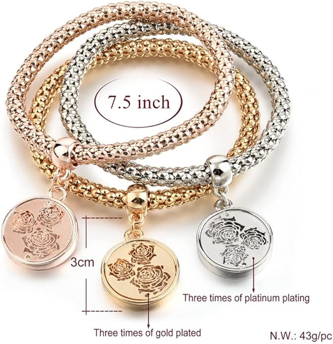 Crystal Charms Multilayer Bracelets - 3PCS Gold/Silver/Rose Gold Corn Chain Bracelet for Women, Tree of Life Heart Shaped Stretch Bracelet
