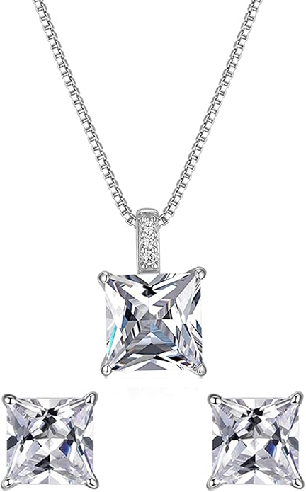 925 Sterling Silver Cubic Zirconia Necklace and Earrings Set for Women, Heart, Cushion, Round, Emerald Cut CZ, Solitaire Bezel Jewelry Set, CZ Bridal Jewelry Set, Bridesmaid Gift