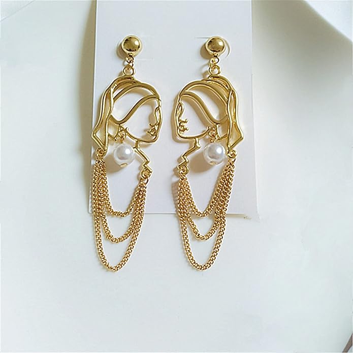 Unique Abstract Face Art Long Drop Dangle Earrings Dainty Hollow Gold Vintage Face Geometric Dangle Earrings Statement Jewelry for Women Girls
