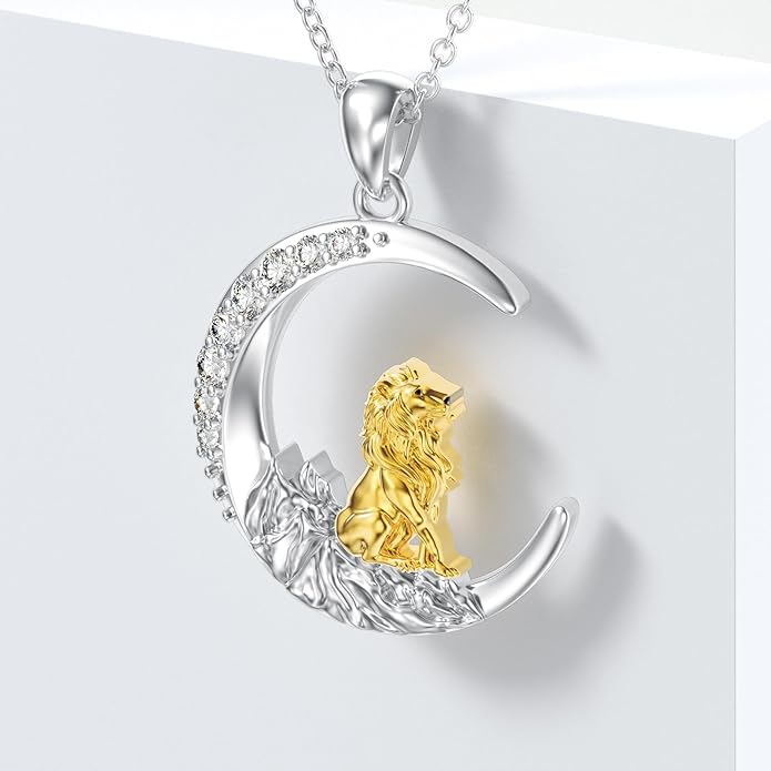 Diamond Lion Necklace for Women 925 Sterling Silver Lion on Moon Pendant Jewelry Gifts