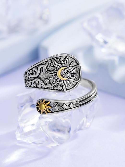 Midari Sun and Moon/Bee/Celtic/Life of Tree/Lotus Spoon Ring for Women 925 Sterling Silver Adjustable Ring Open Ring for Women Men Halloween Birthday Gift