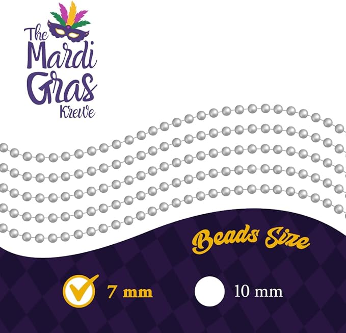 Silver Mardi Gras Beads - 33 inch, 7mm, 72 Necklaces, 6 Dozen Bulk Event Favors