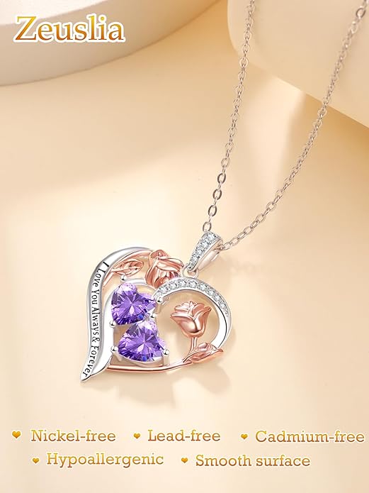 Valentine's Day Gifts for Wife 925 Sterling Silver Double Birthstone Pendant Necklaces I Love You for Always and Forever Necklace Anniversary Birthday Gifts for Wife Girlfriend Mom Her