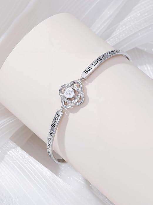 Valentines Day Gifts for Her, 18k White Gold Plated Love Knot Bracelets, Engraved Inspirational and Sentiment Bangle, Anniversary Birthday Jewelry Gift for Lover Wife Girlfriend Sister Friends