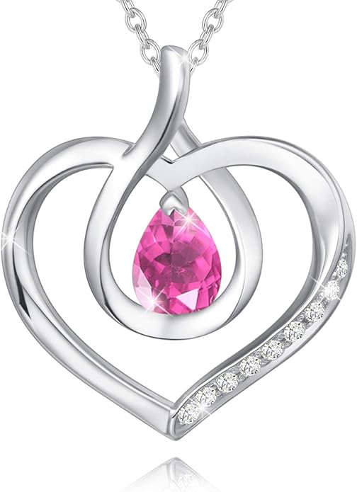 AGVANA Valentines Day Gifts Heart Birthstone Necklace for Women Sterling Silver Genuine or Created Gemstone Forever Love Pendant Necklace Fine Jewelry Anniversary Birthday Gifts for Women Mom Wife