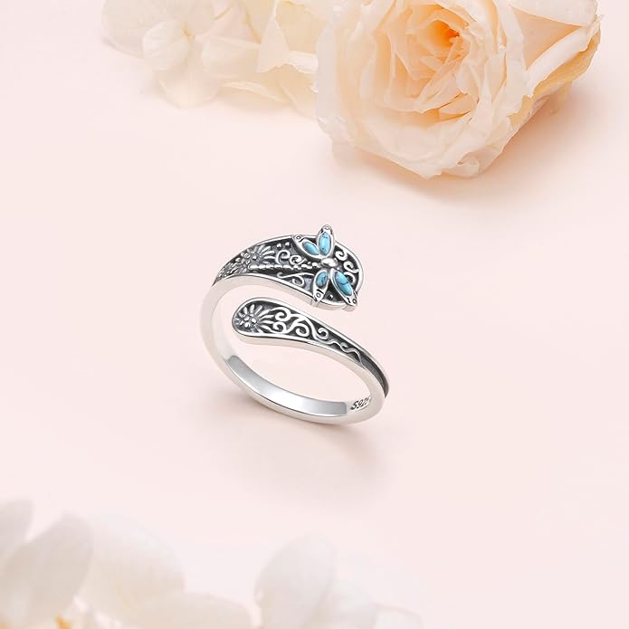 925 Sterling Silver Spoon Rings Butterfly/Dragonfly/Hummingbird/Cross Adjustable Sunflower Thumb Ring For Women Turquoise Boho Ring Vintage Rings Unique Jewelry Present for Christmas Mother's Day