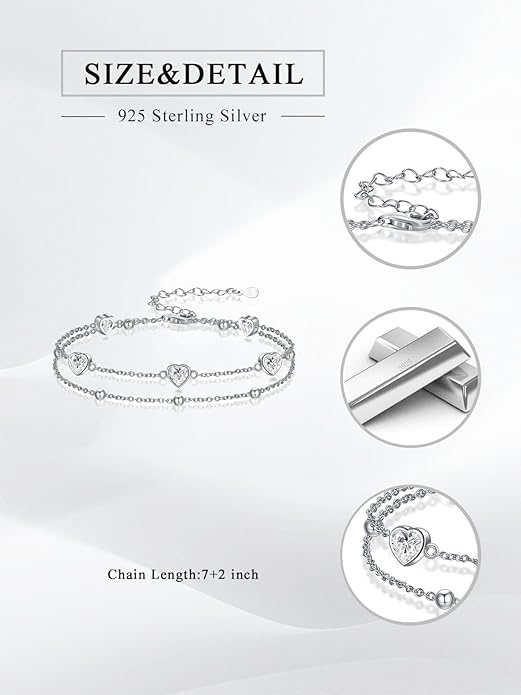 Birthstone Anklet/Bracelets for Women 925 Sterling Silver Charm Link Double Strand Heart Birthstone Jewelry Gift for Wife Women Mother's Day Gift