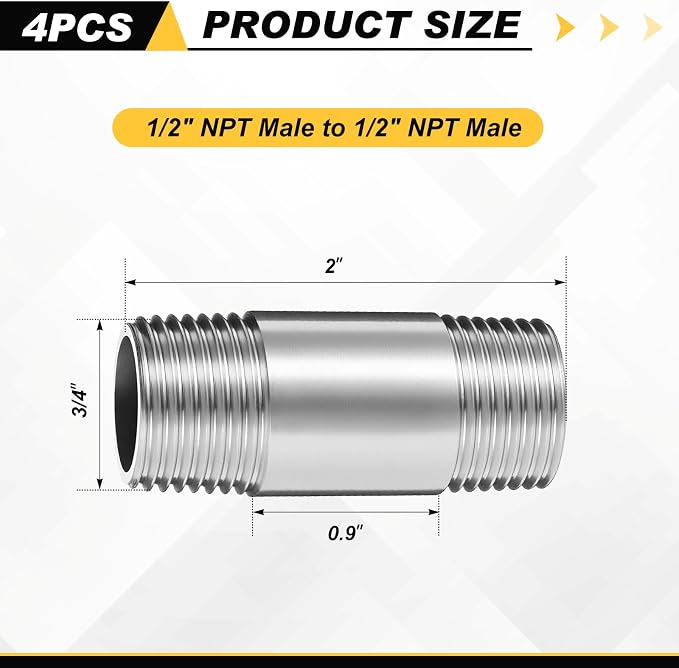 4 Pcs 304 Stainless Steel Pipe Fittings 1/2" NPT x 1/2" NPT Male Threaded 2" - Image 2