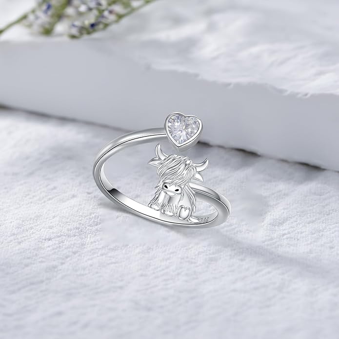 Highland Cow Ring 925 Sterling Silver Adjustable Ring Birthstone Ring Engraved Name Highland Cow Gifts Jewelry for Women