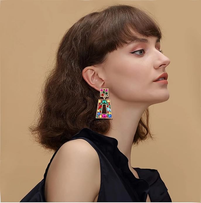 Rhinestone Rectangle Statement Earrings Colorful Crystal Geometric Drop Dangle Earrings for Women Prom Party