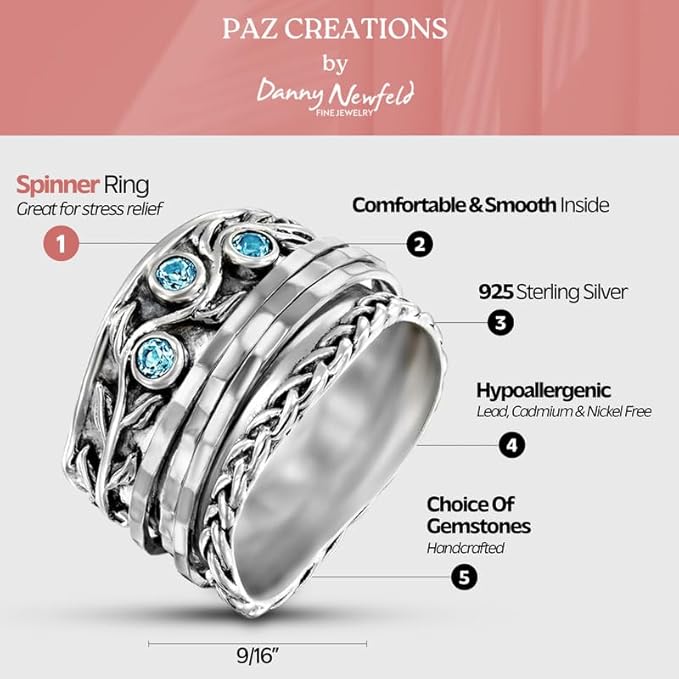 Paz Creations 925 Sterling Silver Spinner Rings for Women With Natural Gemstones - Hammered Pattern Thick Band - Handcrafted Artisan Jewelry - Fidget Rings - Gift For Her