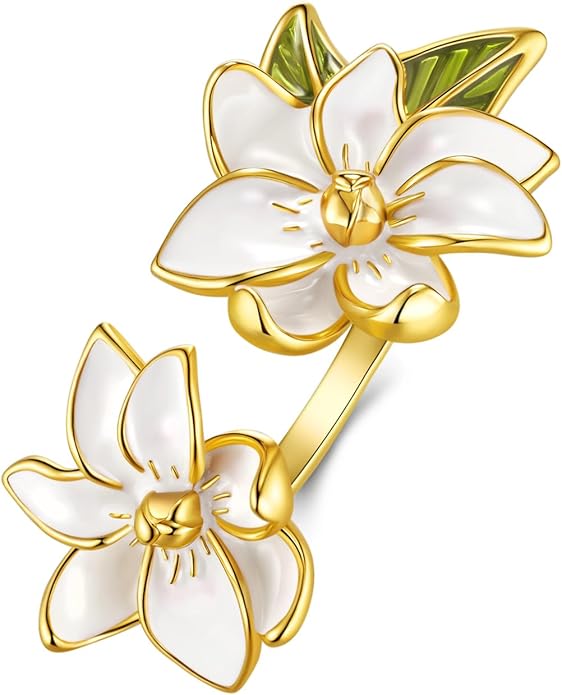 Gold Rose Pink Enamel Floral CZ FULLY ADJUSTABLE Statement Open Ring for Women by SNGIA, Daisy Orchid Flower Leaf Summer Beach Handmade Unique Pinky Band, Chunky Sunflower Stackable Cute Cuff Cocktail Ring Birthday Gift, Natural Bold Exaggerated Irregu...