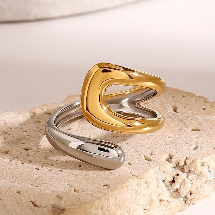 Chunky Rings For Women, Gold Silver Thumb Ring Asymmetrical Wavy Curve Ring Adjustable Non Tarnish Dainty Stainless Steel New Year Anniversary Birthday Jewelry Gift