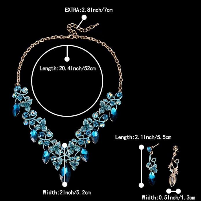 BriLove Women's Costume Fashion Crystal Floral Vine Leaf Statement Necklace Dangle Earrings Set