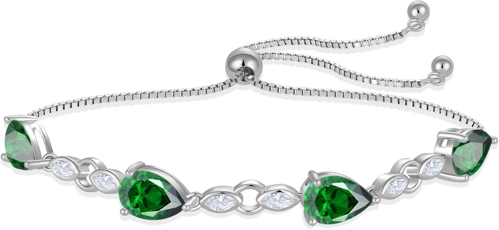 Teardrop Birthstone Bracelet for Women, S925 Sterling Silver Pear Cut Cubic Zirconia Bracelet Dainty Adjustable Chain Jewelry Gift for Her