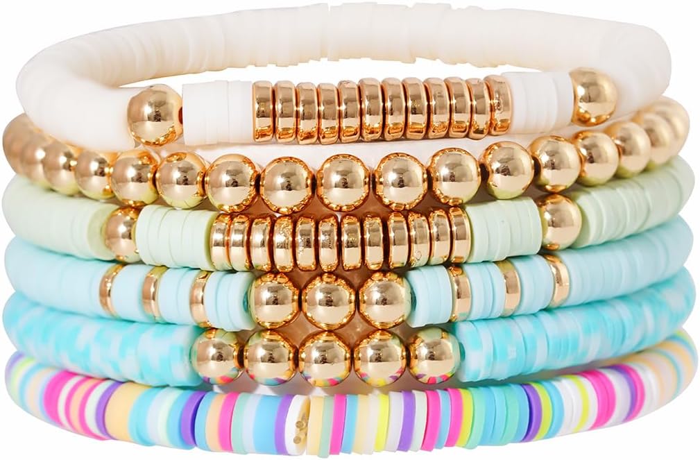 GOOJIDS Surfer Heishi Clay Bead Bracelets for Women Bohemian Stackable Gold Plated Beaded Stretch Bracelets Elastic Layering Friendship Bracelets Set Boho Jewelry