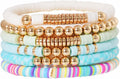 GOOJIDS Surfer Heishi Clay Bead Bracelets for Women Bohemian Stackable Gold Plated Beaded Stretch Bracelets Elastic Layering Friendship Bracelets Set Boho Jewelry