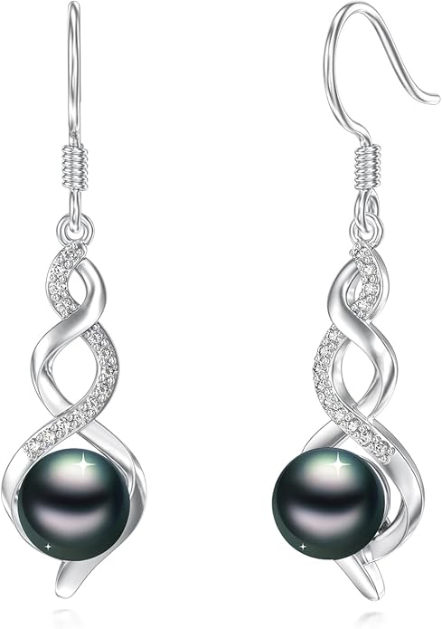 Tahitian Black Pearl Earrings Gifts for Women Wife Celtic Dangle Drop Earrings Wedding Birthday Anniversary Jewelry Valentines Christmas Day Gifts 925 Sterling Silver