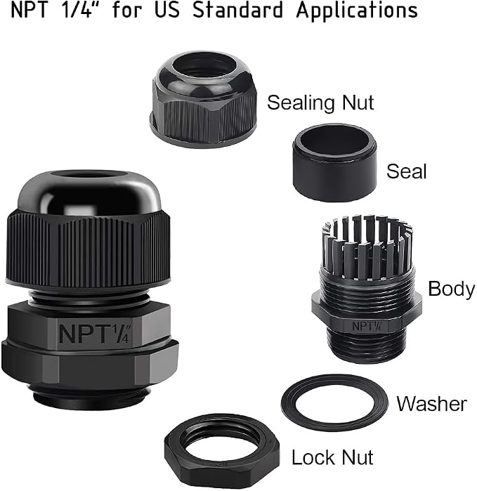 10 Pack NPT 1/4" Cable Glands Waterproof Adjustable 4-8mm Cable Connectors - Image 3