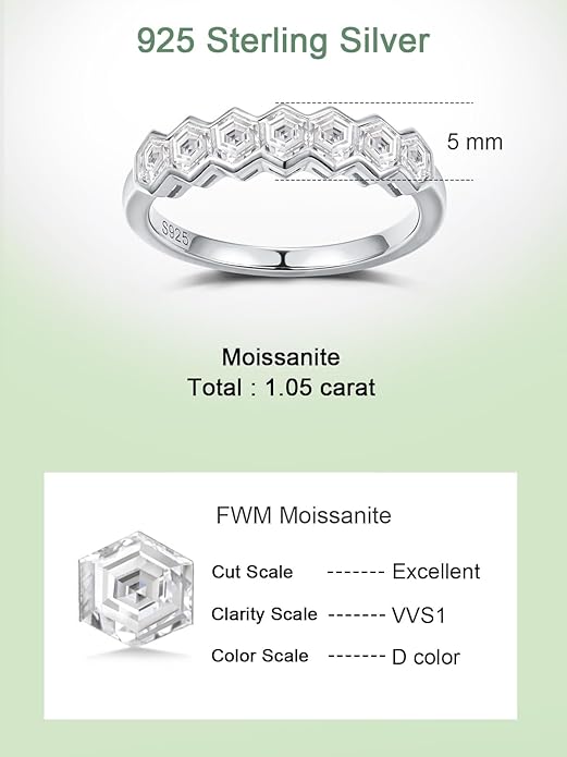 FWM D Color VVS1 Clarity Moissanite Hexagonal Eternity Rings for Women, Solid 925 Sterling Silver, Size 4-11, Stackable Wedding Band, Anniversary Mothers Day Valentines Jewelry