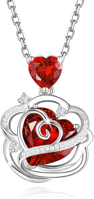 FANCIME Thornless Pulse Heart Birthstone Necklace for Women Sterling Silver Rose Pendant Fine Jewelry Gemstone Birthday Valentines Day Gifts for Wife Her