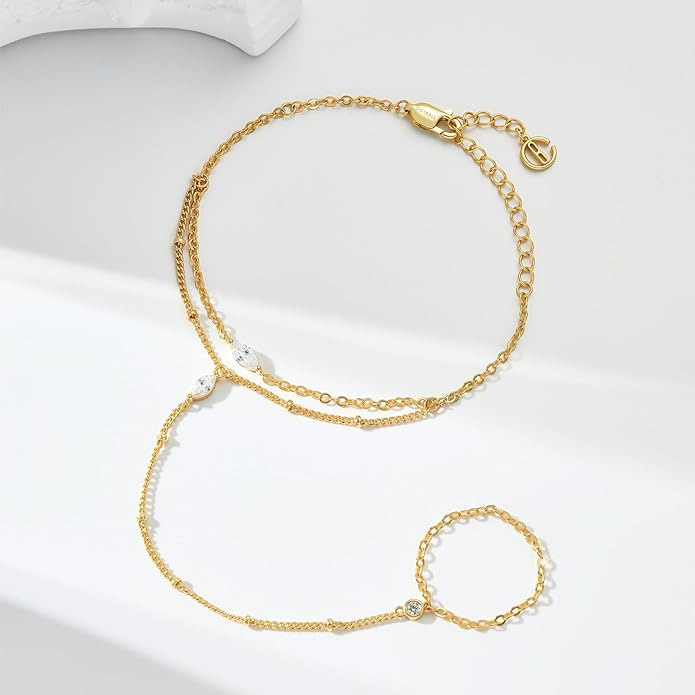 Cicy Bell Hand Chain 18k Gold Plated Bracelet for Women Trendy Teardrop Cubic Zirconia Adjustable Finger Ring Slave Dainty Bracelets Jewelry Gifts