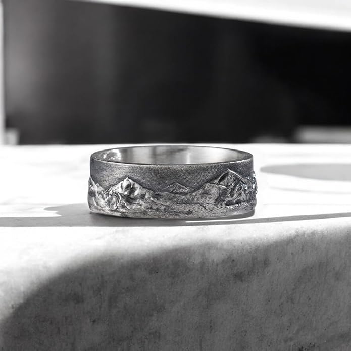 Mountain Range Band Ring For Men, 925 Sterling Silver Nature Inspired Vintage Mens Rings, Rustic Mens Wedding Band, Handmade Oxidized Silver Jewelry For Men, Unique Gifts for Him