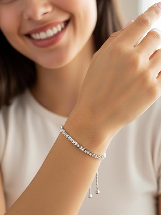 2mm/3mm Moissanite Adjustable Tennis Bracelet for Women, Authentic Solid 925 Sterling Silver, 5.5-7.5inch (14-19cm) with 2cm Extender Chain, Birthday Valentines Wedding Anniversary Ideal Gift for Her