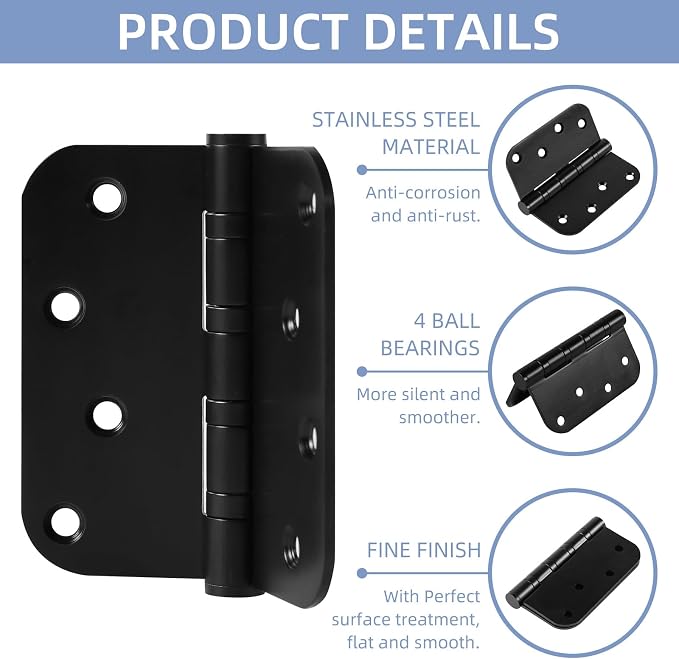6 Pack Heavy Duty Stainless Steel Hinges, 4 x 4 Inch Matte Black Ball Bearing - Image 4